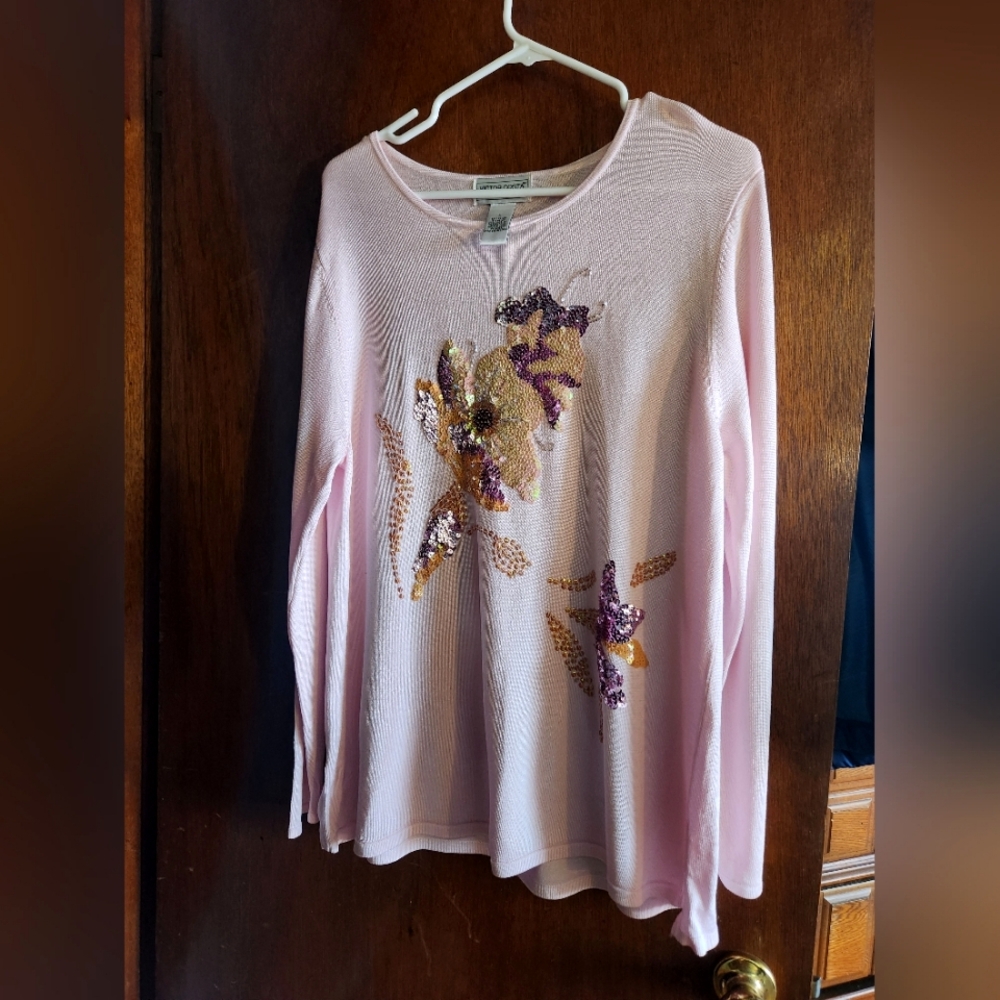 Pink Sequin Floral Sweater L